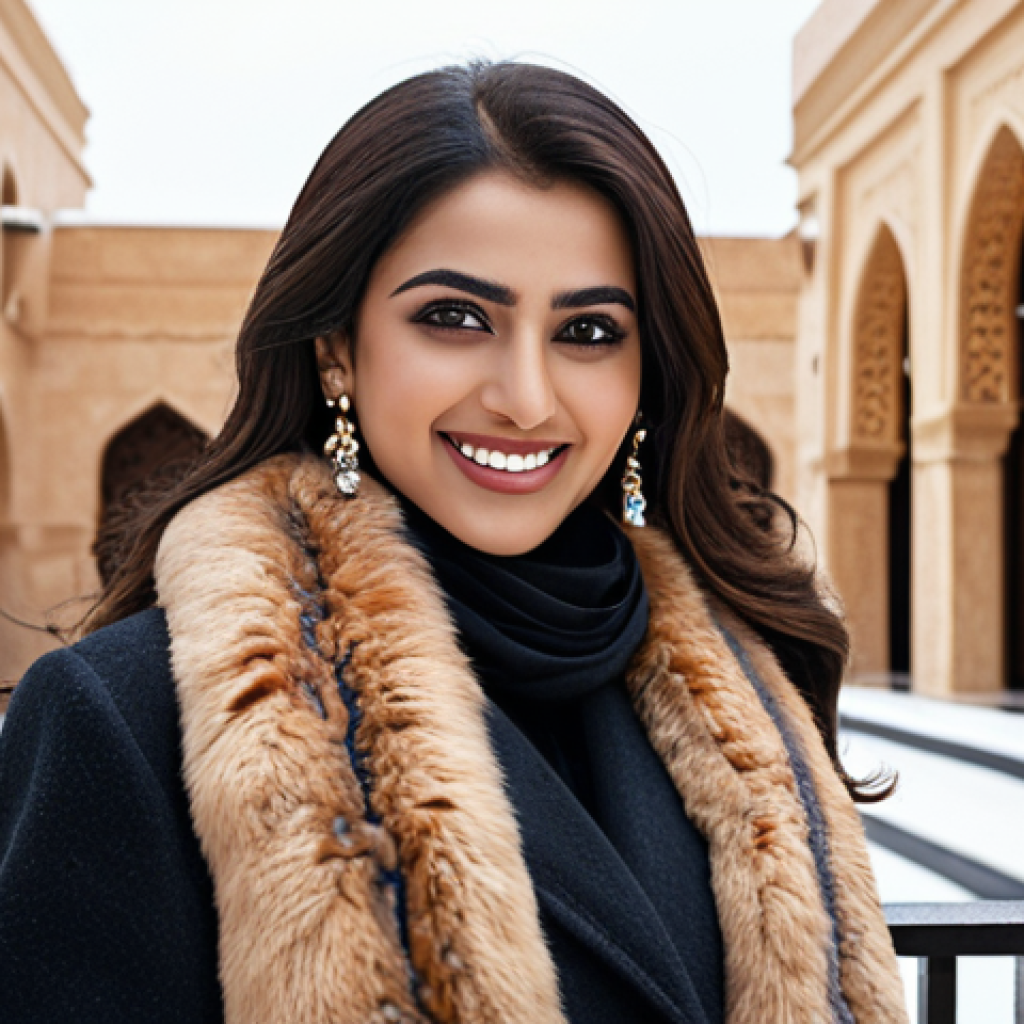 **Prompt:** A fashionable Arab woman in winter, wearing a luxurious fur scarf that complements her elegant coat. She is smiling confidently. The backdrop is a stylish city scene with a blend of modern and traditional Arabic architecture. Focus on the warmth and elegance of the fur accessory.