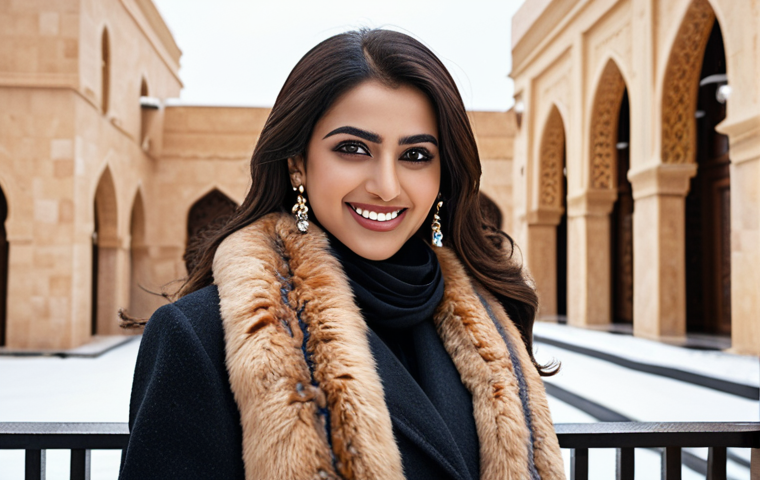 **Prompt:** A fashionable Arab woman in winter, wearing a luxurious fur scarf that complements her elegant coat. She is smiling confidently. The backdrop is a stylish city scene with a blend of modern and traditional Arabic architecture. Focus on the warmth and elegance of the fur accessory.