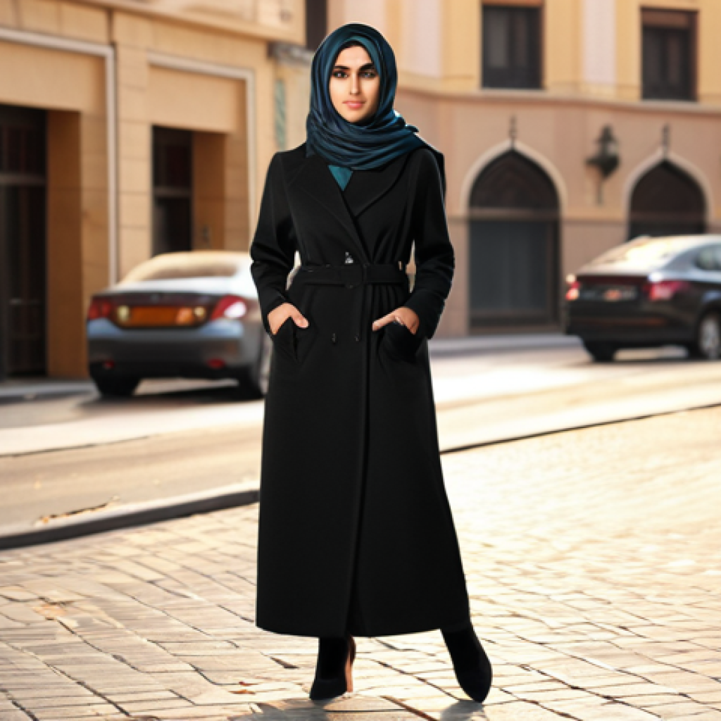 **

Elegant Arab woman in winter outfit, showcasing stylish black flat shoes, confident pose, city street background, warm lighting.

**