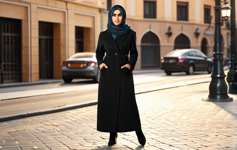 **

Elegant Arab woman in winter outfit, showcasing stylish black flat shoes, confident pose, city street background, warm lighting.

**