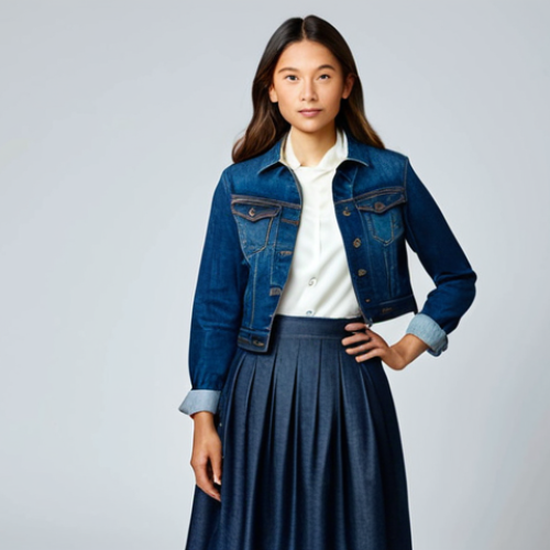 **

"A professional woman in a dark denim jacket and a midi denim skirt, paired with a silk blouse, standing in a well-lit studio, fully clothed, appropriate attire, safe for work, perfect anatomy, natural proportions, fashion photography, high quality, professional, modest."

**
