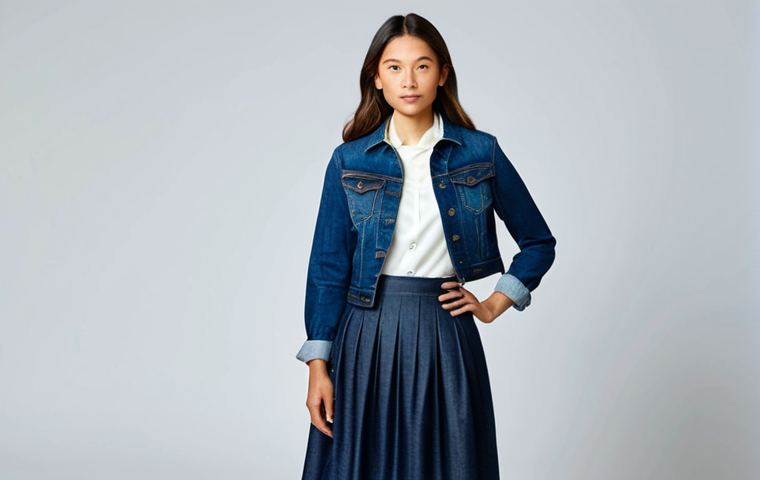 **

"A professional woman in a dark denim jacket and a midi denim skirt, paired with a silk blouse, standing in a well-lit studio, fully clothed, appropriate attire, safe for work, perfect anatomy, natural proportions, fashion photography, high quality, professional, modest."

**