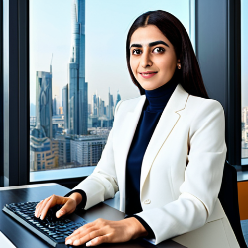**

"A professional Arab businesswoman in a modest, tailored business suit, seated at a modern desk in a bright, open-plan office with large windows overlooking a city skyline, fully clothed, appropriate attire, safe for work, perfect anatomy, natural proportions, high-quality, professional photography, family-friendly."

**
