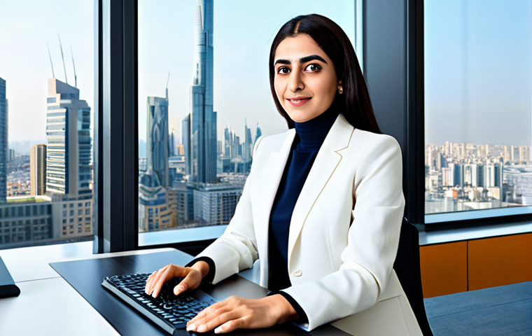 **

"A professional Arab businesswoman in a modest, tailored business suit, seated at a modern desk in a bright, open-plan office with large windows overlooking a city skyline, fully clothed, appropriate attire, safe for work, perfect anatomy, natural proportions, high-quality, professional photography, family-friendly."

**