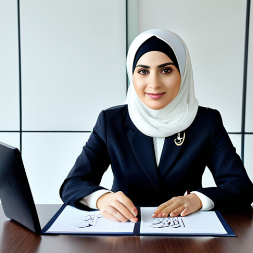 **

"A professional businesswoman in a modest business suit, sitting at a desk in a modern office decorated with Arabic calligraphy, fully clothed, appropriate attire, safe for work, perfect anatomy, natural proportions, professional photography, high quality, family-friendly."

**