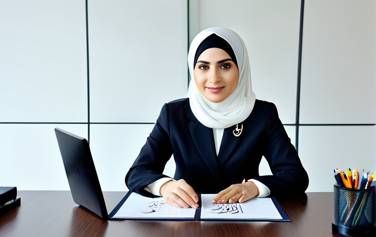 **

"A professional businesswoman in a modest business suit, sitting at a desk in a modern office decorated with Arabic calligraphy, fully clothed, appropriate attire, safe for work, perfect anatomy, natural proportions, professional photography, high quality, family-friendly."

**