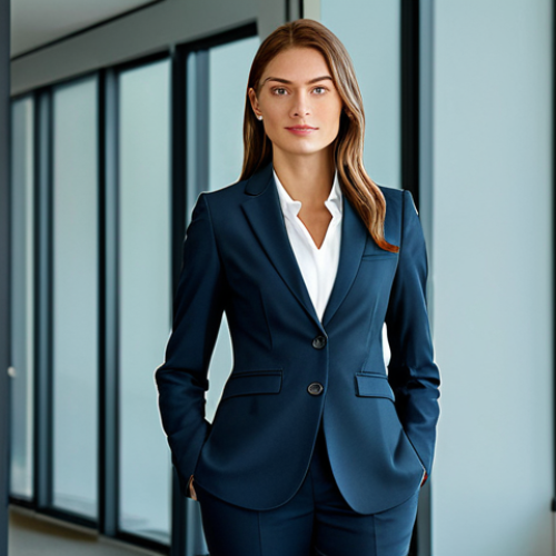 **

A professional businesswoman in a modest, tailored business suit, standing confidently in a modern office lobby with glass walls and contemporary art. Fully clothed, appropriate attire, safe for work, perfect anatomy, natural proportions, professional photography, high quality.

**