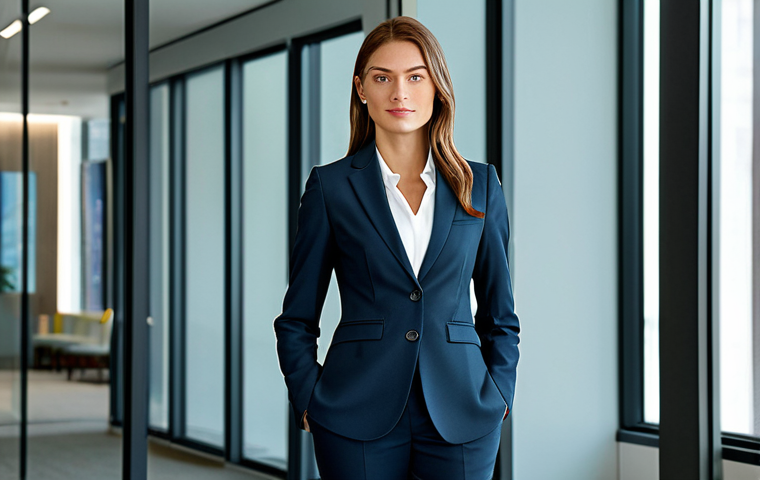**

A professional businesswoman in a modest, tailored business suit, standing confidently in a modern office lobby with glass walls and contemporary art. Fully clothed, appropriate attire, safe for work, perfect anatomy, natural proportions, professional photography, high quality.

**