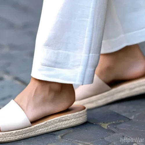 Home 17 봄 여성 슬리퍼 스타일 - **Prompt 1: Urban Spring Chic**
A close-up shot of a modern woman's feet, mid-20s, wearing styli...