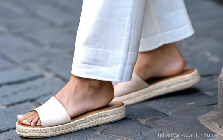 봄 여성 슬리퍼 스타일 - **Prompt 1: Urban Spring Chic**
A close-up shot of a modern woman's feet, mid-20s, wearing styli...
