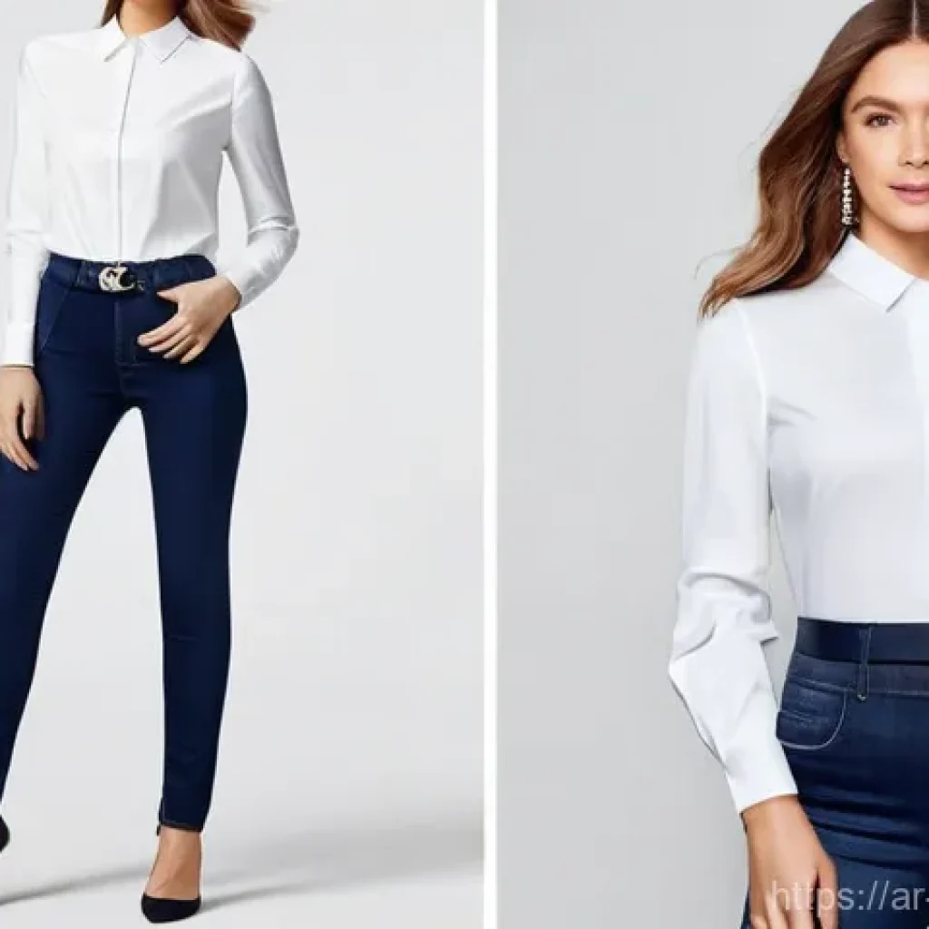 청바지 핏별 스타일링 - **Prompt 1: Hourglass Figure in Skinny Jeans**
    "A confident young woman, approximately 25-30 yea...