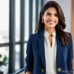 Home 3 오피스룩 스타일링 팁 - A confident Arab business woman, mid-30s, standing gracefully in a modern, brightly lit office envir...