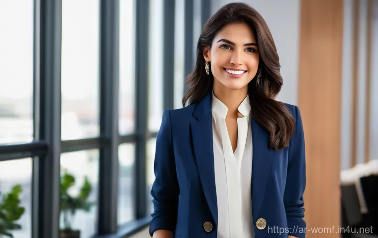 오피스룩 스타일링 팁 - A confident Arab business woman, mid-30s, standing gracefully in a modern, brightly lit office envir...