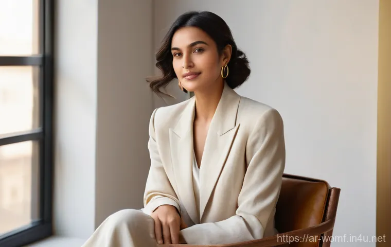 오피스룩 스타일링 팁 - A confident Arab business woman, mid-30s, standing gracefully in a modern, brightly lit office envir...