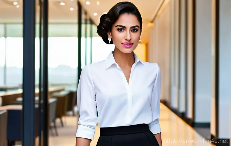 오피스룩 스타일링 팁 - A gracefully poised Arab woman, early 30s, enjoying a moment of calm in a sunlit, contemporary works...