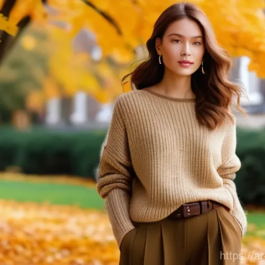 가을 여성 니트 트렌드 - **Prompt:** A stylish woman in her late 20s gracefully walking through an autumn city park. She is w...