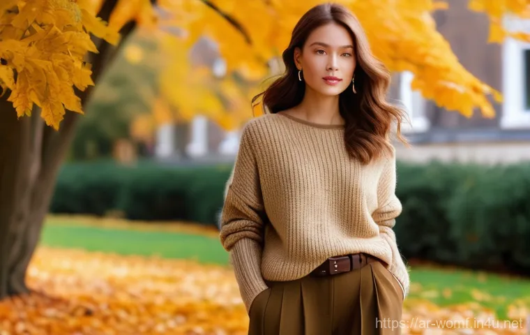 가을 여성 니트 트렌드 - **Prompt:** A stylish woman in her late 20s gracefully walking through an autumn city park. She is w...